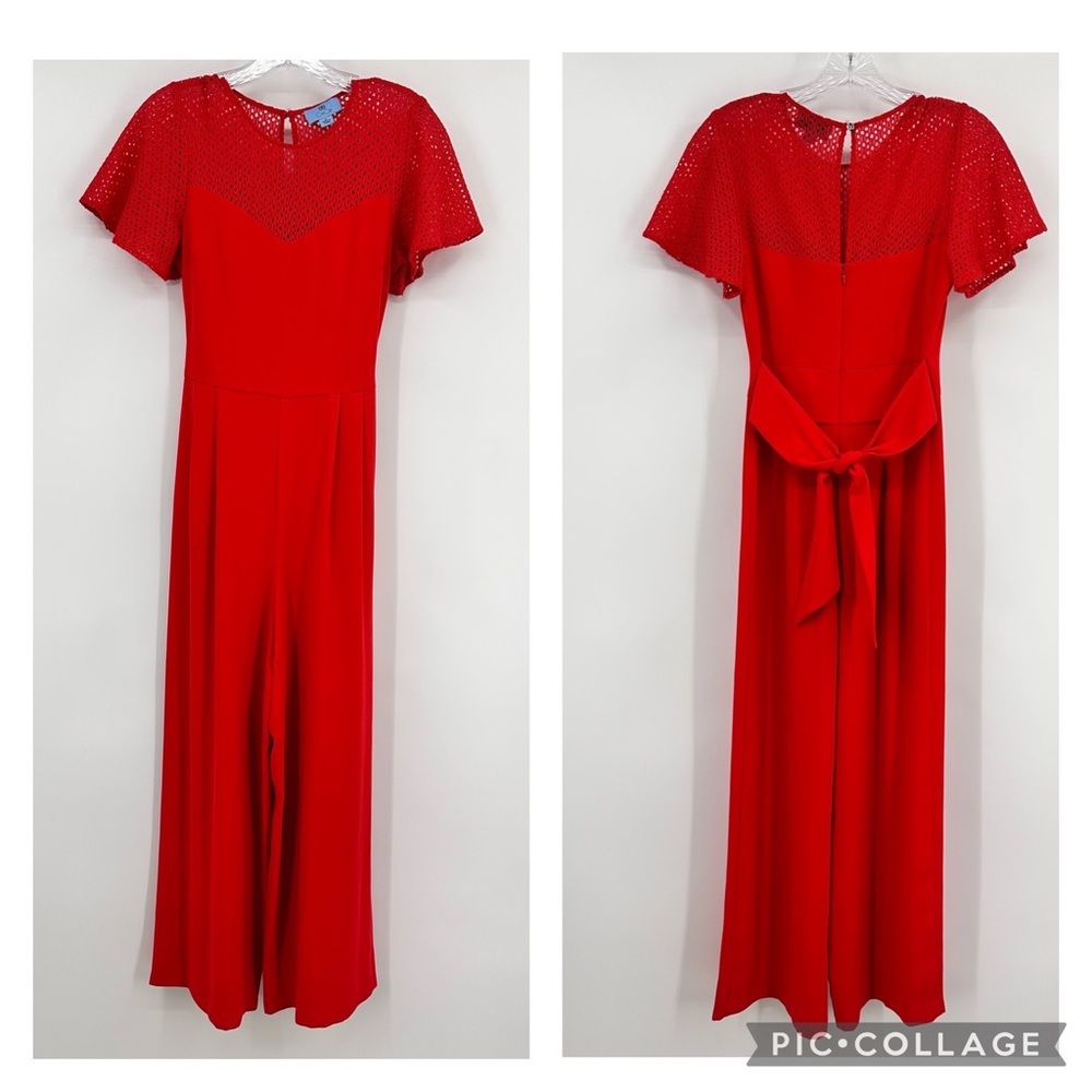 Cynthia Steffe CeCe Jumpsuit Mesh Bodice Short Sleeves Wide Leg Red Size 0
